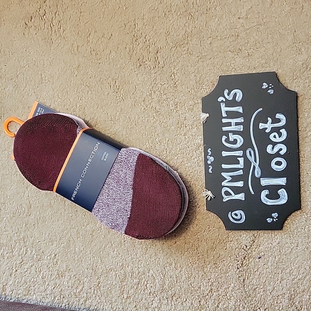 French Connection 5pk Socks Set New High Cut Liners Size 4 - 10.5 Burgundy